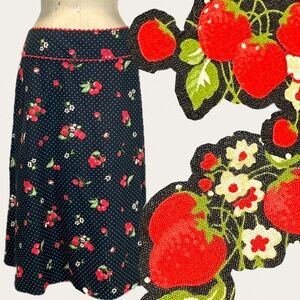 Strawberry vine polka dot midi‎ a-line skirt Liz Claiborne cotton linen
